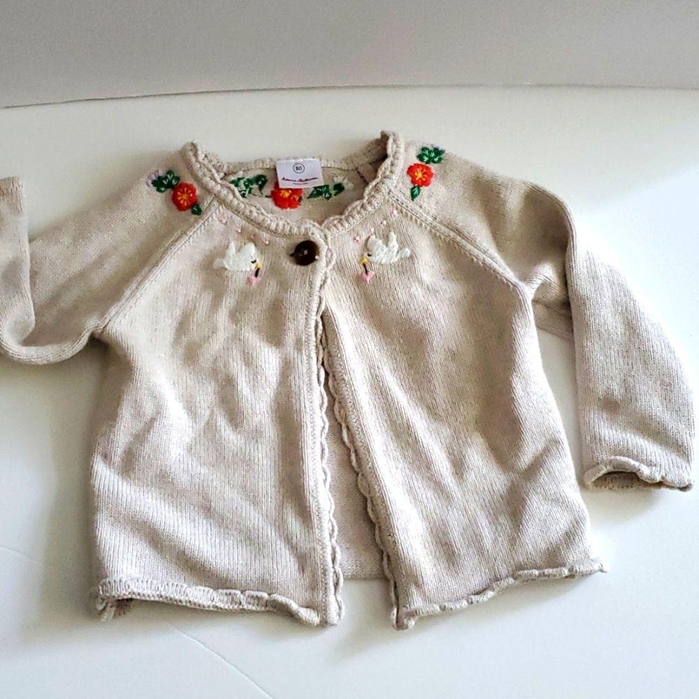Hanna Andersson embroidered beige baby cardigan with collar button size 80cm, 2t